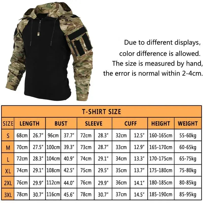 US Army Shirts Camouflage Multicam Military Combat T-Shirt Hooded Men Tactical Shirt Airsoft Paintball Camping Hunting Clothing - Steffashion