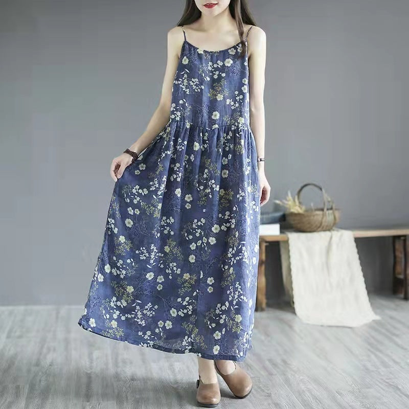 Summer New Artistic Floral Sleeveless Sling Dress Women