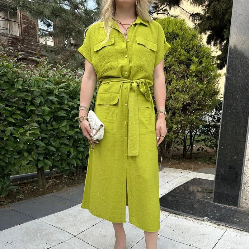 Fashion Belt Shirt Dress For Women