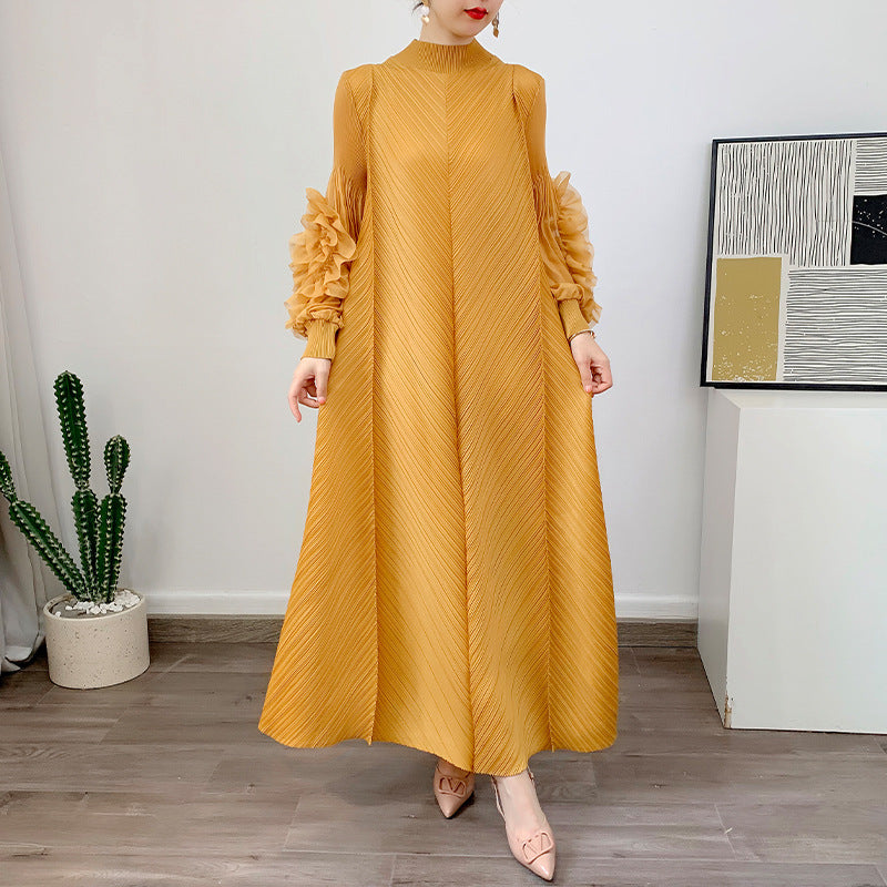 Spring And Summer New Pure Color Elegant Long Loose Plus Size Dress Pleated Women