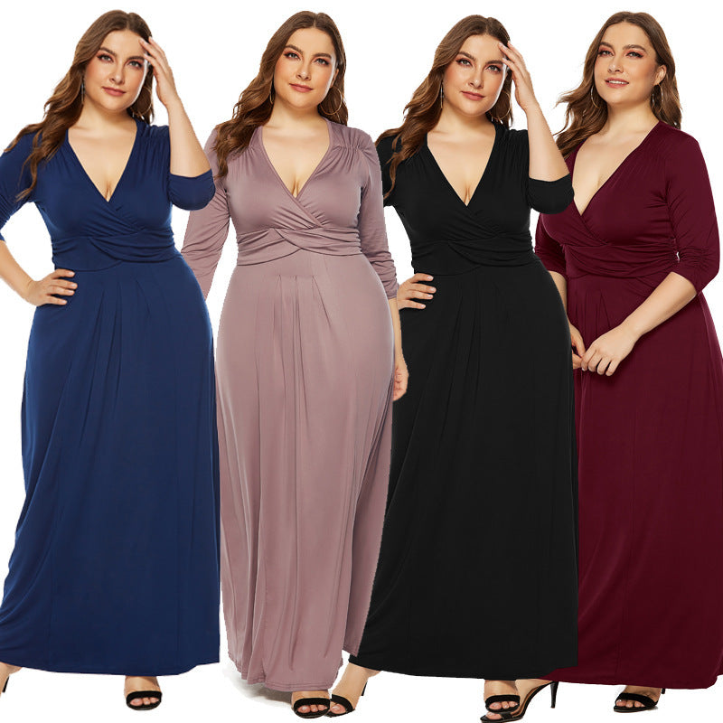 European And American Elegant Deep V-neck Swing Long Dress For Women