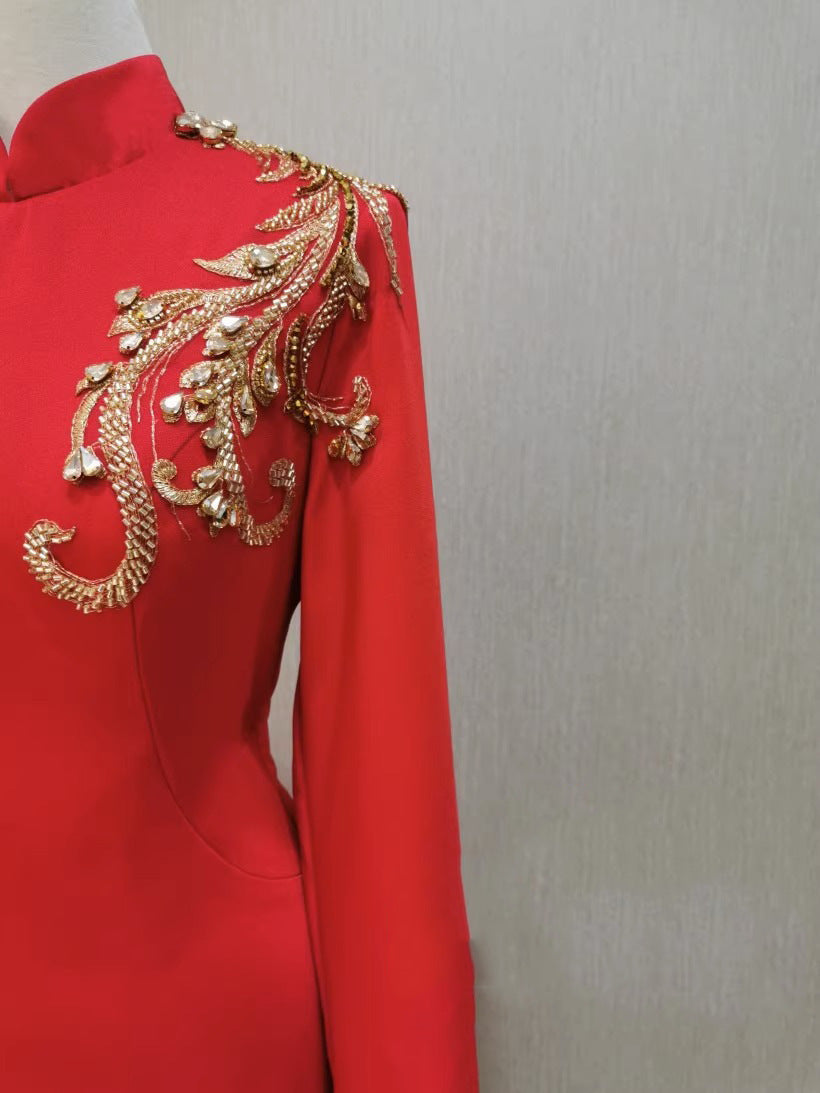 Banquet Evening Dress For Women Long-sleeved Red