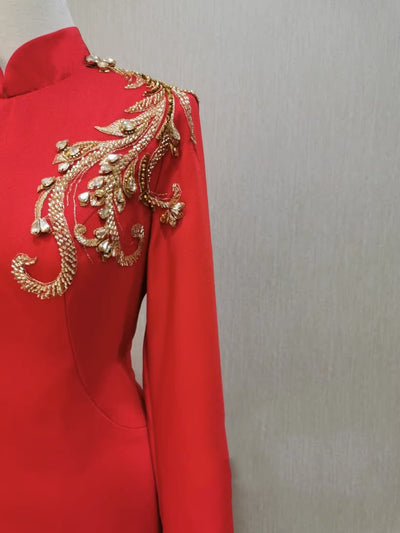 Banquet Evening Dress For Women Long-sleeved Red