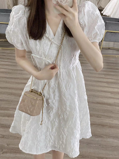 Tea Break French Style White V-neck Puff Sleeve Dress Women