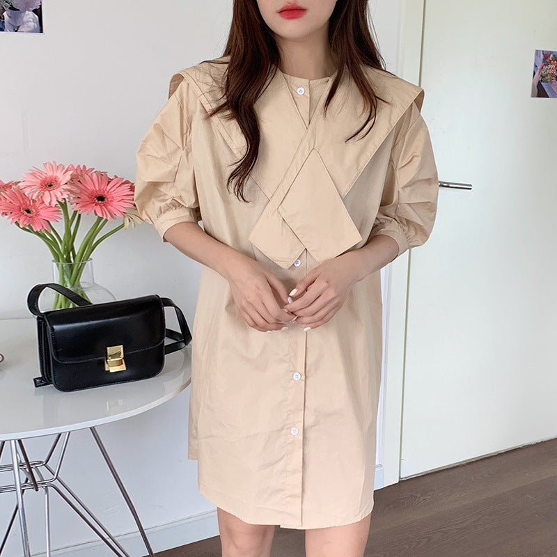 Cross Lapel Loose Single Breasted Puff Sleeve Dress Women