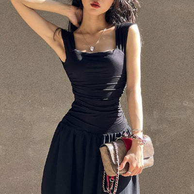 Fashion Square Collar Pleated Large Swing Waist Slimming Mesh Sling Dress Women