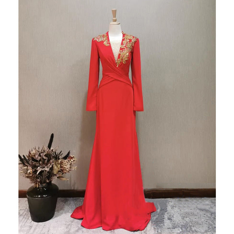 Banquet Evening Dress For Women Long-sleeved Red