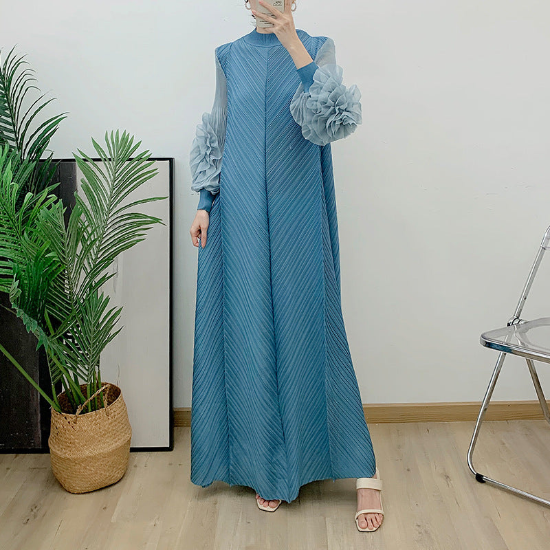 Spring And Summer New Pure Color Elegant Long Loose Plus Size Dress Pleated Women