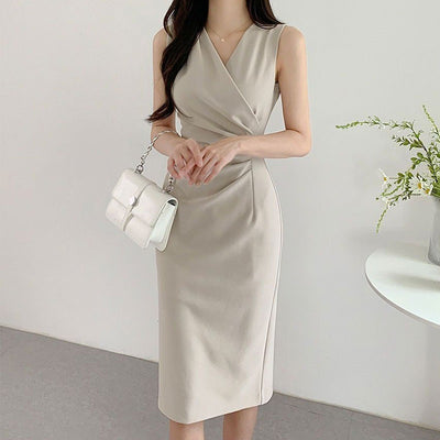 Cross V-neck Pleated Waist Tight Sleeveless Dress For Women