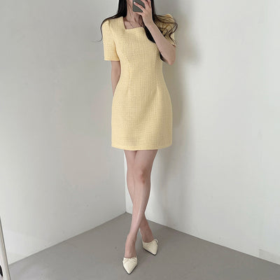 New Design Sense Niche Classic Style Square Collar Short Sleeve Waist Slimming Square Collar Dress Women