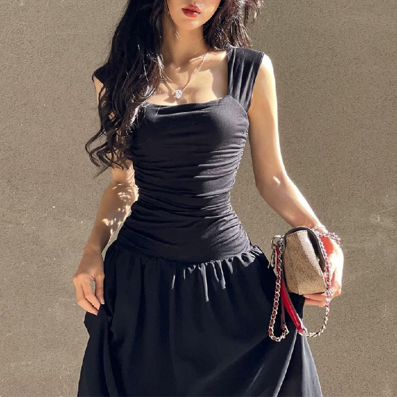 Fashion Square Collar Pleated Large Swing Waist Slimming Mesh Sling Dress Women