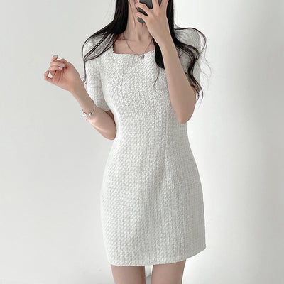 New Design Sense Niche Classic Style Square Collar Short Sleeve Waist Slimming Square Collar Dress Women