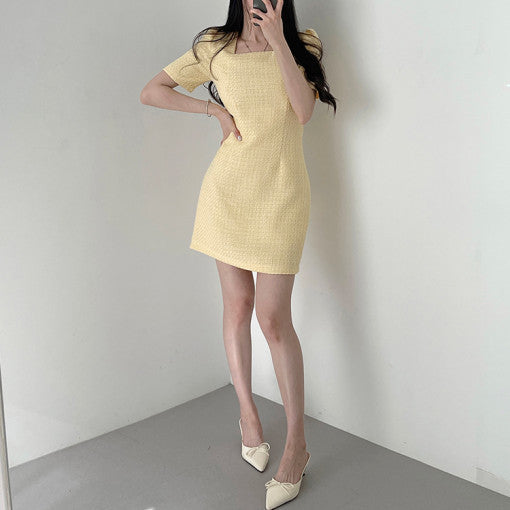 New Design Sense Niche Classic Style Square Collar Short Sleeve Waist Slimming Square Collar Dress Women