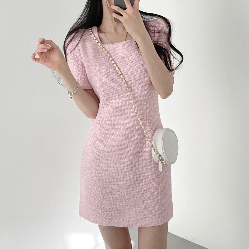 New Design Sense Niche Classic Style Square Collar Short Sleeve Waist Slimming Square Collar Dress Women