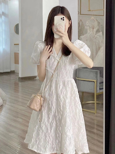 Tea Break French Style White V-neck Puff Sleeve Dress Women