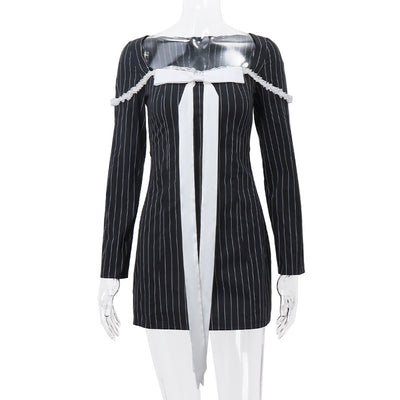 French Style Square Collar Bow Lace-up Elegant Striped Long Sleeve Dress Women