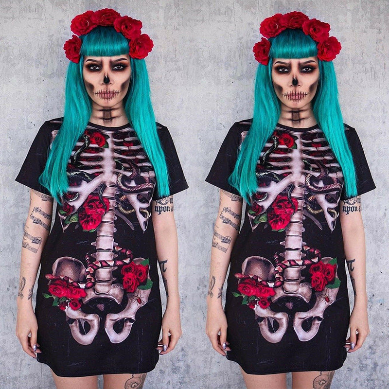 Halloween Costume Skull Print Dress For Women