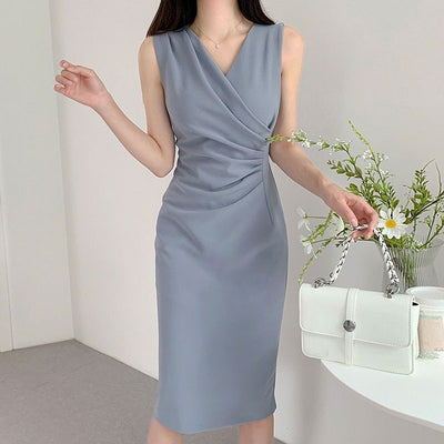 Cross V-neck Pleated Waist Tight Sleeveless Dress For Women