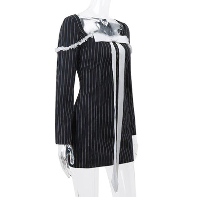 French Style Square Collar Bow Lace-up Elegant Striped Long Sleeve Dress Women