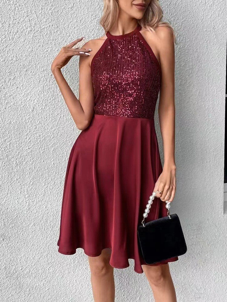 Summer New Sequin Stitching Sleeveless Slim Solid Color Dress Women