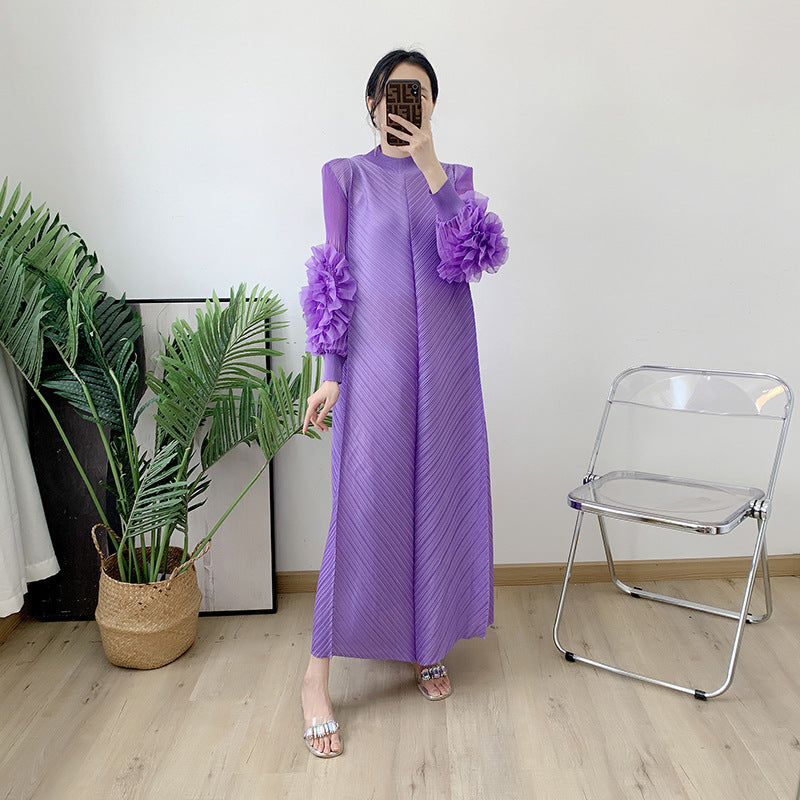 Spring And Summer New Pure Color Elegant Long Loose Plus Size Dress Pleated Women