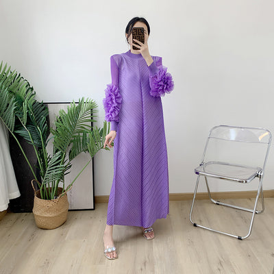 Spring And Summer New Pure Color Elegant Long Loose Plus Size Dress Pleated Women