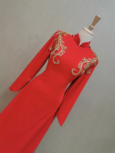 Banquet Evening Dress For Women Long-sleeved Red