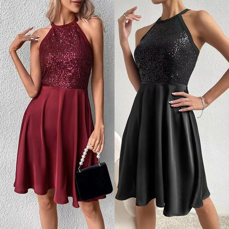 Summer New Sequin Stitching Sleeveless Slim Solid Color Dress Women