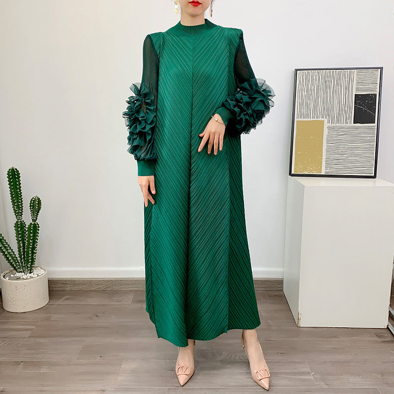 Spring And Summer New Pure Color Elegant Long Loose Plus Size Dress Pleated Women