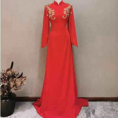 Banquet Evening Dress For Women Long-sleeved Red