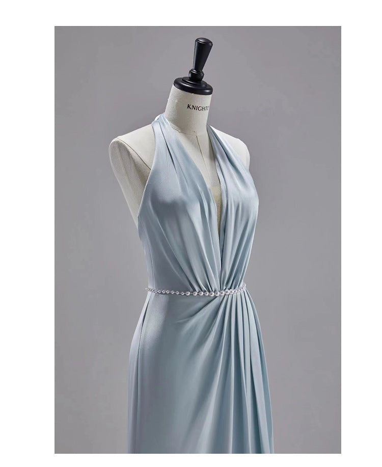 New Chinese Style Dress Blue Halter Women