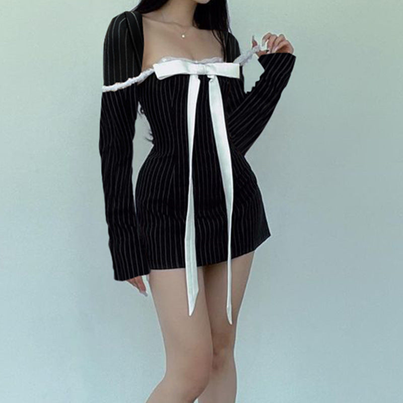 French Style Square Collar Bow Lace-up Elegant Striped Long Sleeve Dress Women