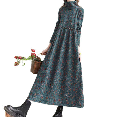 Retro Floral Turtleneck Dress For Women