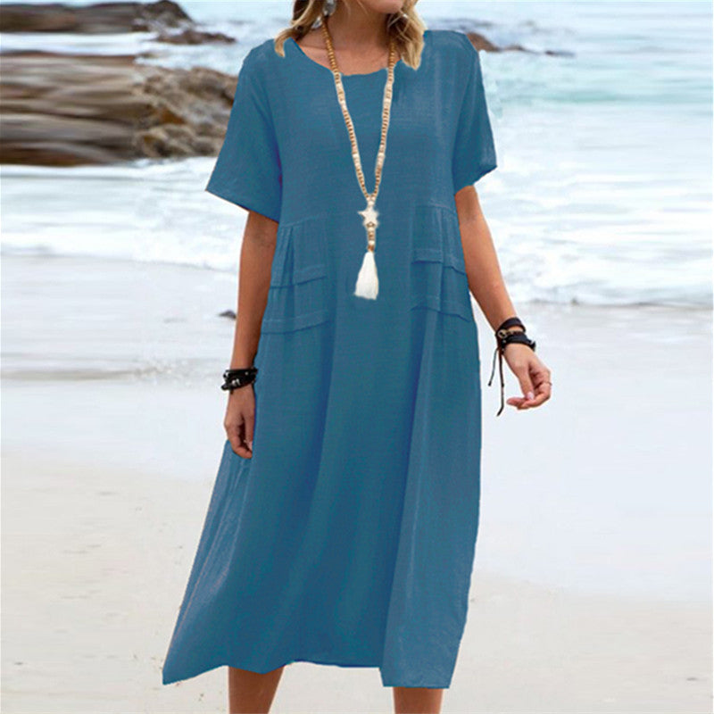 Round Neck Short Sleeve Mid-length Dress Women