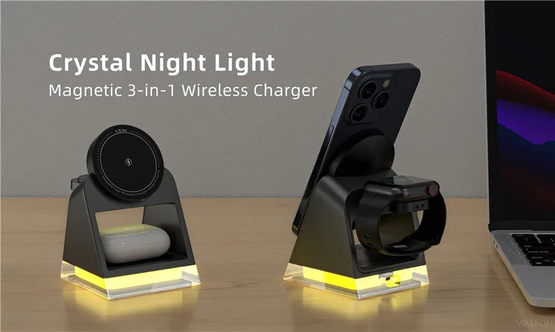 3 In 1 Magnetic Wireless Charger Stand Led Light Fast Wireless Charging Station Dock for iPhone 15 14 13 12 Apple Watch Airpods