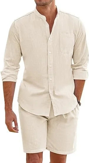 2024 Men's Two-piece Sets Cotton and Linen Comfortable Button Shirt Long Sleeve Shorts Cardigan Simple Casual Beachwear - Steffashion