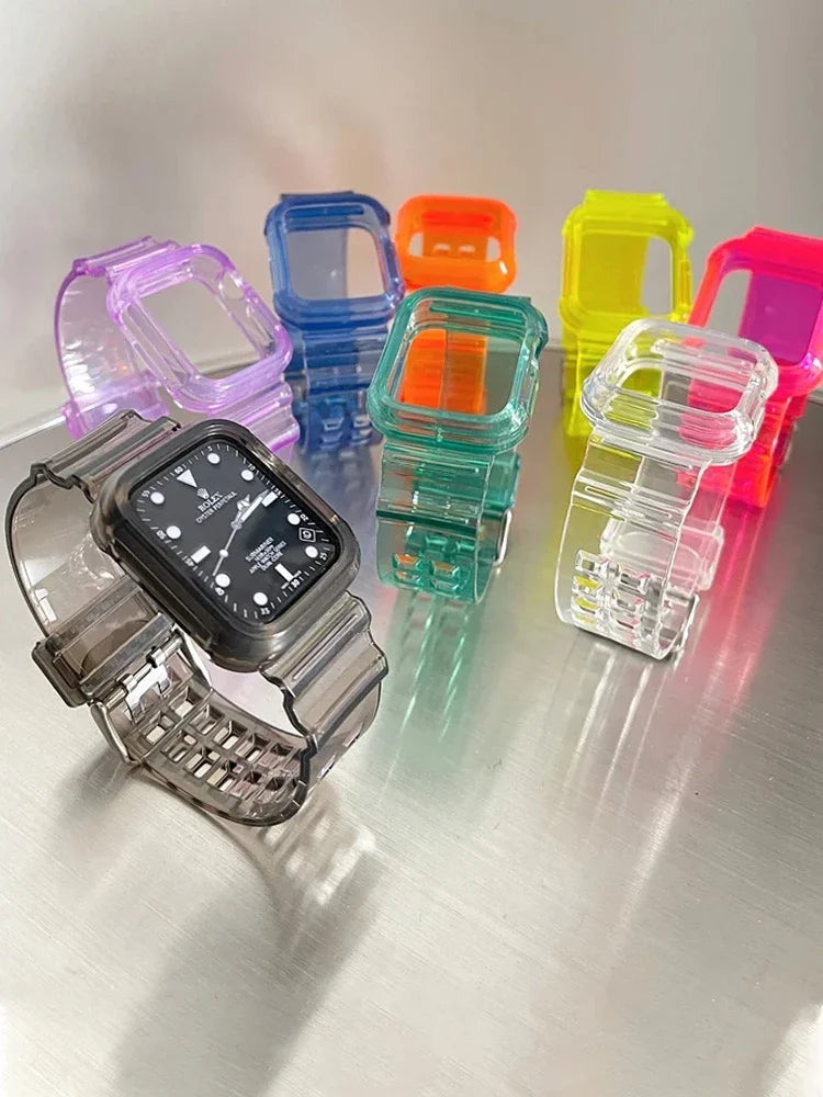 Clear Band + Case for Apple Watch Series 9 8 7 6 SE 5 49mm 45mm 44mm 42mm 41mm Transparent for iwatch 3 38mm 40mm Plastic Strap