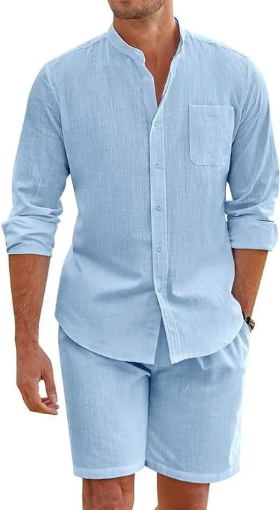 2024 Men's Two-piece Sets Cotton and Linen Comfortable Button Shirt Long Sleeve Shorts Cardigan Simple Casual Beachwear - Steffashion