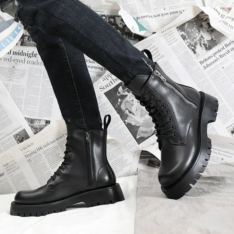 2024 Autumn Winter Shoes Men Leather Boots Thick Sole Non-slip Warm Plush Cold Winter Cow Leather Male Ankle Botas Black KA4867 - Steffashion