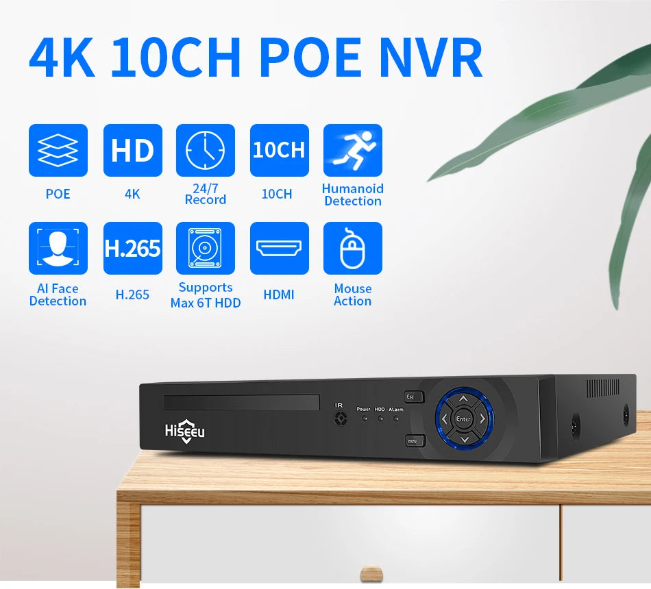 4K Hiseeu POE NVR Recorder with Two-Way Audio