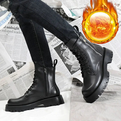 2024 Autumn Winter Shoes Men Leather Boots Thick Sole Non-slip Warm Plush Cold Winter Cow Leather Male Ankle Botas Black KA4867 - Steffashion