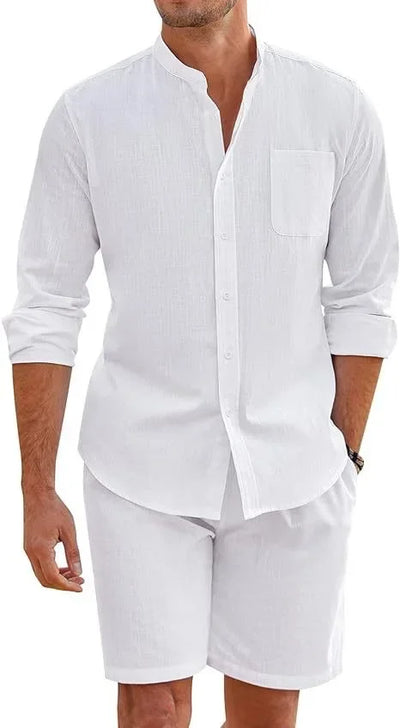 2024 Men's Two-piece Sets Cotton and Linen Comfortable Button Shirt Long Sleeve Shorts Cardigan Simple Casual Beachwear - Steffashion