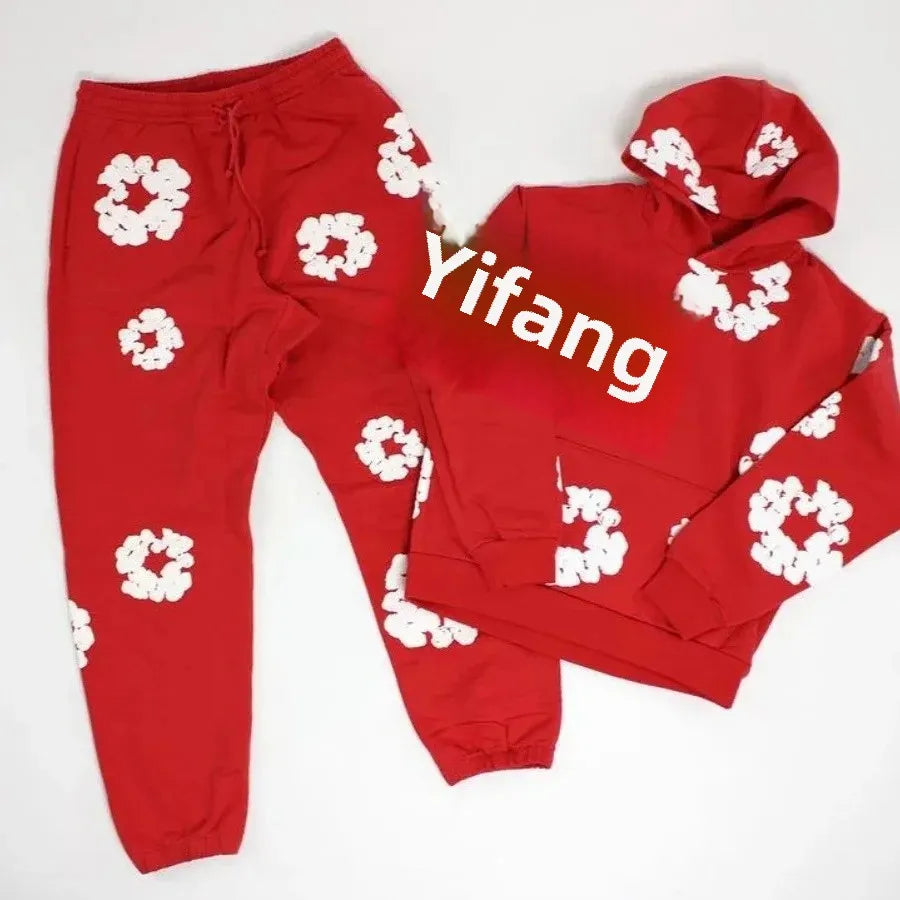 Trendy American Style Printed Hooded Sweatshirt Suit For Men Fashionable Versatile Sweatshirt Pants Set High Street Style - Steffashion