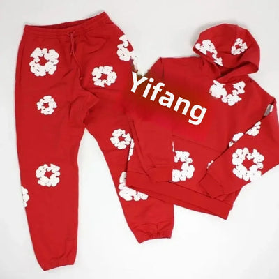 Trendy American Style Printed Hooded Sweatshirt Suit For Men Fashionable Versatile Sweatshirt Pants Set High Street Style - Steffashion