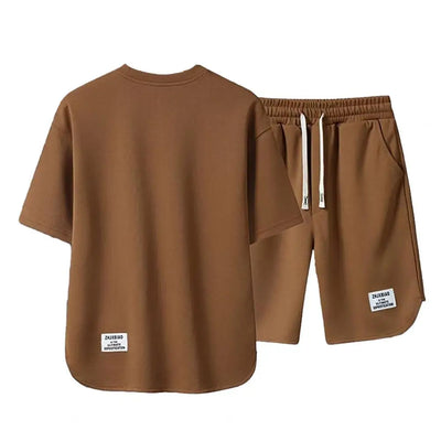 2 Pcs/Set Men T-shirt Shorts Set Solid Color Round Neck Short Sleeves Casual Sports Set Waist Ice Silk Retro Men Sport Outfits - Steffashion