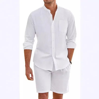 2024 Men's Two-piece Sets Cotton and Linen Comfortable Button Shirt Long Sleeve Shorts Cardigan Simple Casual Beachwear - Steffashion