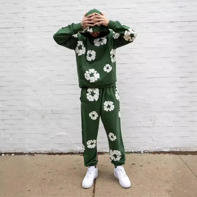 Trendy American Style Printed Hooded Sweatshirt Suit For Men Fashionable Versatile Sweatshirt Pants Set High Street Style - Steffashion