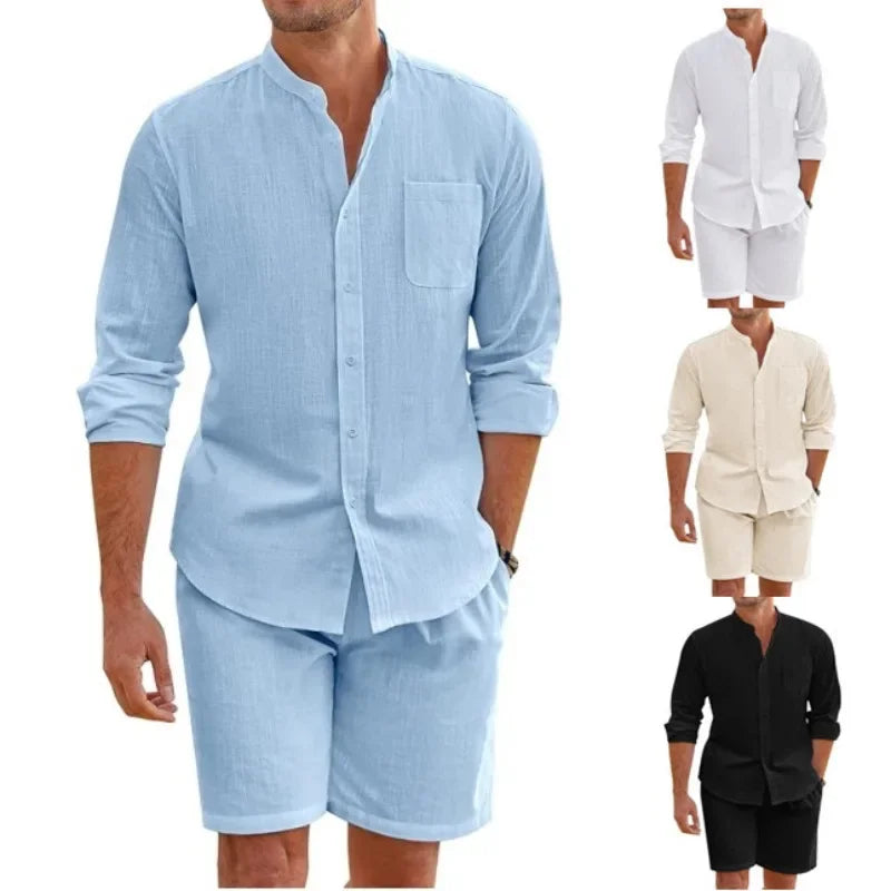 2024 Men's Two-piece Sets Cotton and Linen Comfortable Button Shirt Long Sleeve Shorts Cardigan Simple Casual Beachwear - Steffashion