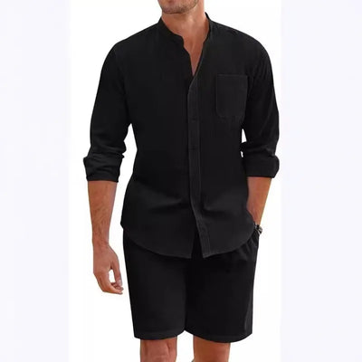 2024 Men's Two-piece Sets Cotton and Linen Comfortable Button Shirt Long Sleeve Shorts Cardigan Simple Casual Beachwear - Steffashion
