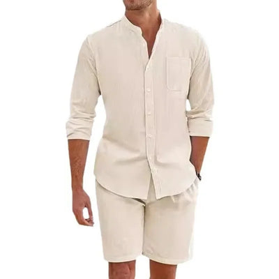 2024 Men's Two-piece Sets Cotton and Linen Comfortable Button Shirt Long Sleeve Shorts Cardigan Simple Casual Beachwear - Steffashion